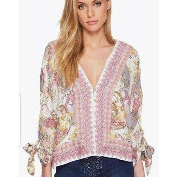 Free People XS Top Catch Me If You Can Blouse V Neck Oversized Tie Sleeves - Picture 1 of 5